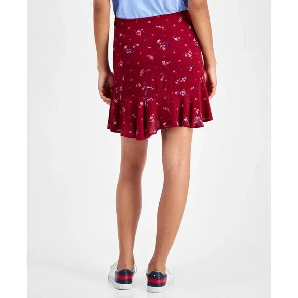 Tommy Hilfiger Jeans Mini Skirt Women M Red Floral Flounce Hem High Rise FTS1145
